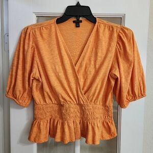 Ann Taylor Orange Peplum Top Smocked Waist Puff Sleeve Small